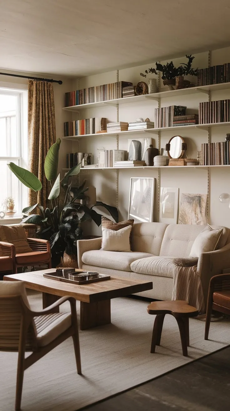 This cozy living room, adorned with earthy tones and cottagecore decor, offers apartment decor inspiration for a dream apartment aesthetic that radiates quiet minimal vibes.