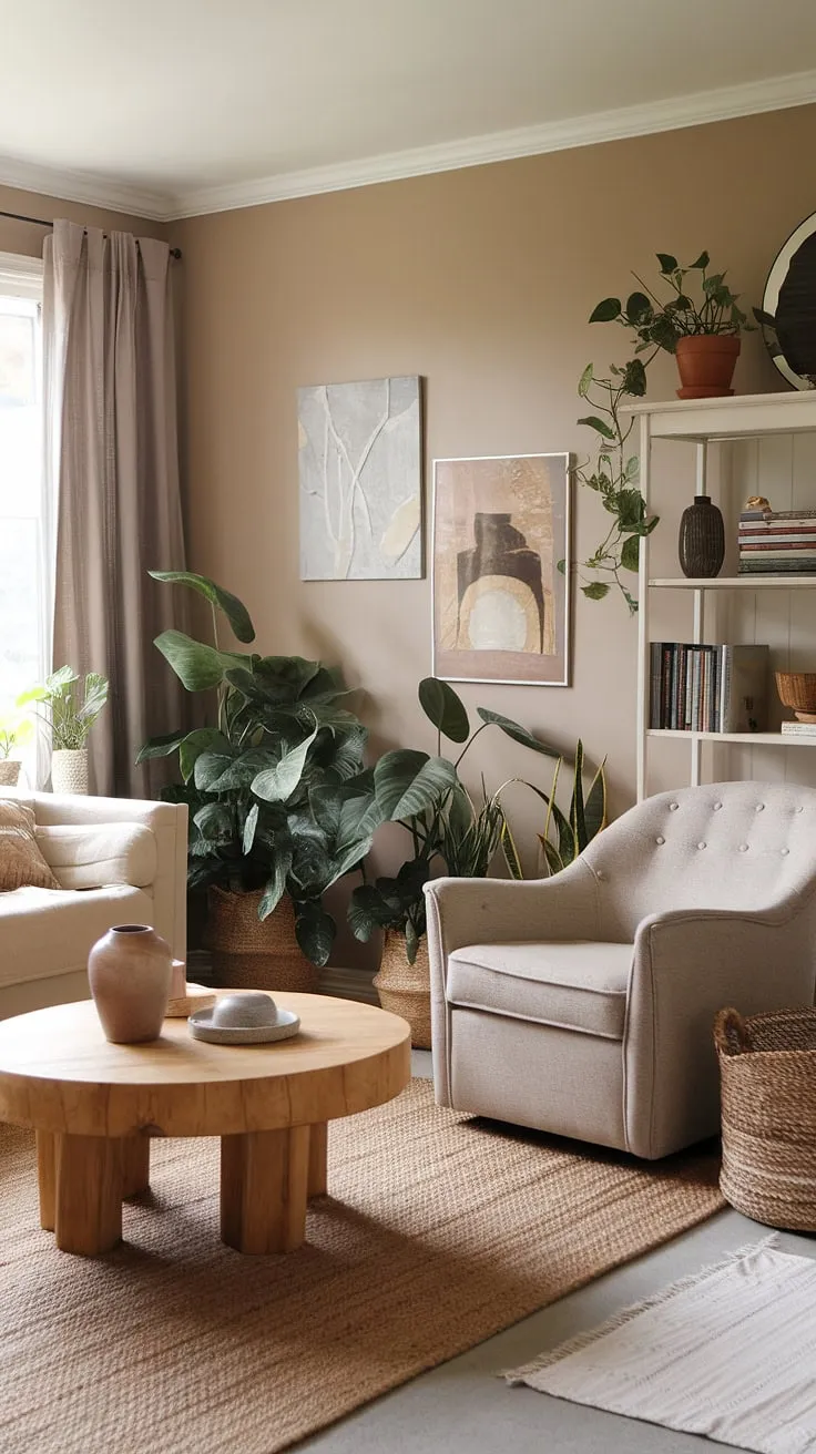 This earthy living room, adorned with potted plants and a woven rug, offers cozy apartment decor inspiration for a quiet minimal aesthetic.