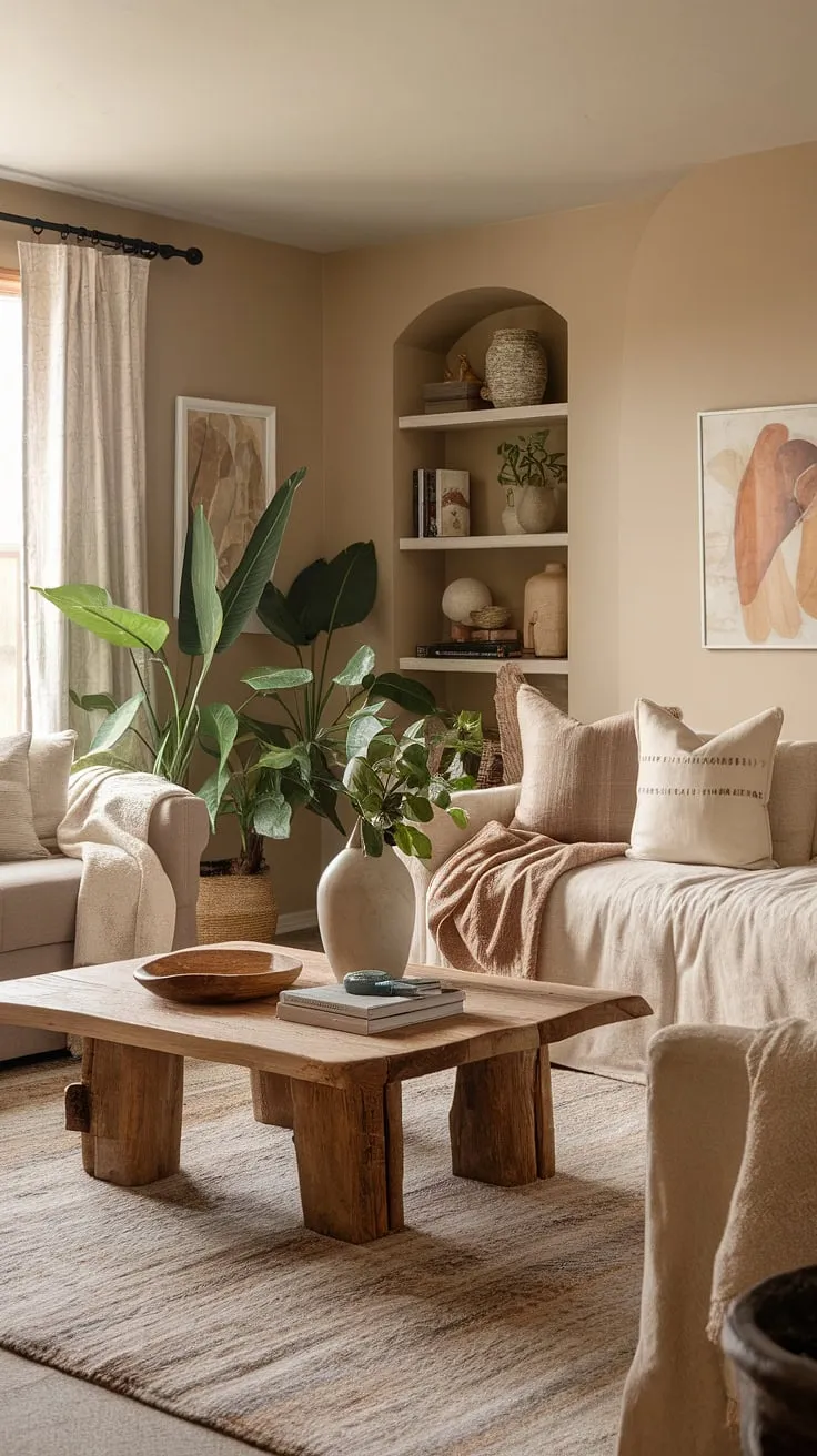 This inviting space showcases a quiet minimal aesthetic, perfect for apartment decor inspiration with its rustic elements and soft lighting.