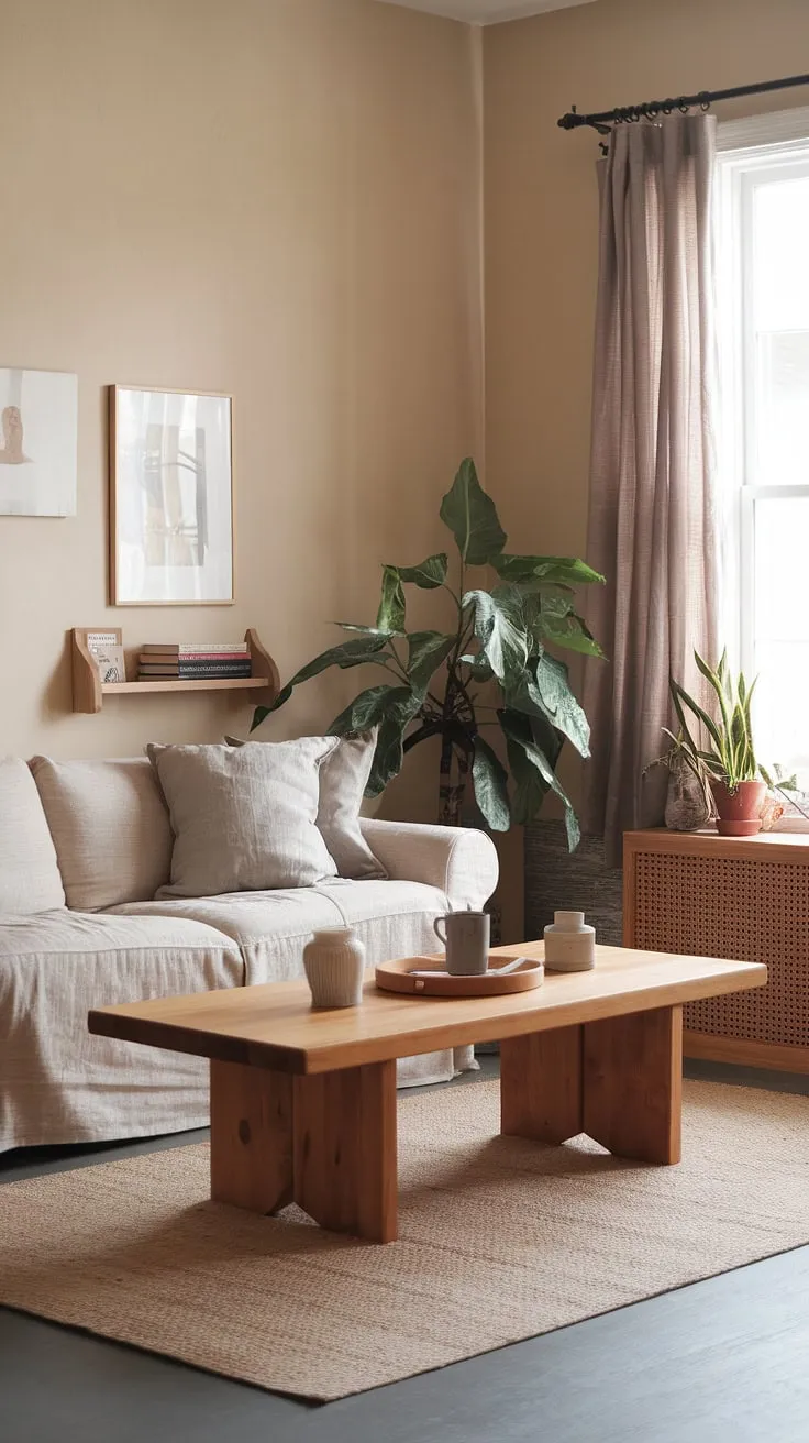 Transform your apartment vibes with this cozy living room design that features earthy tones, cottagecore elements, and aesthetic tips for dream apartment decor.