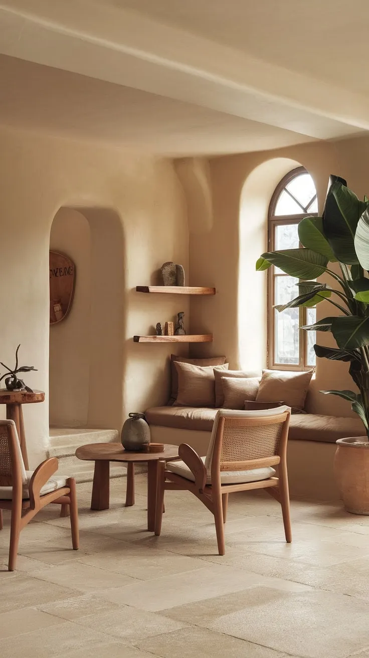 With its beige sofa, wooden accents, and lush greenery, this earthy living room embodies cozy living room design and serves as a stunning example of apartment aesthetic tips for a tranquil retreat.