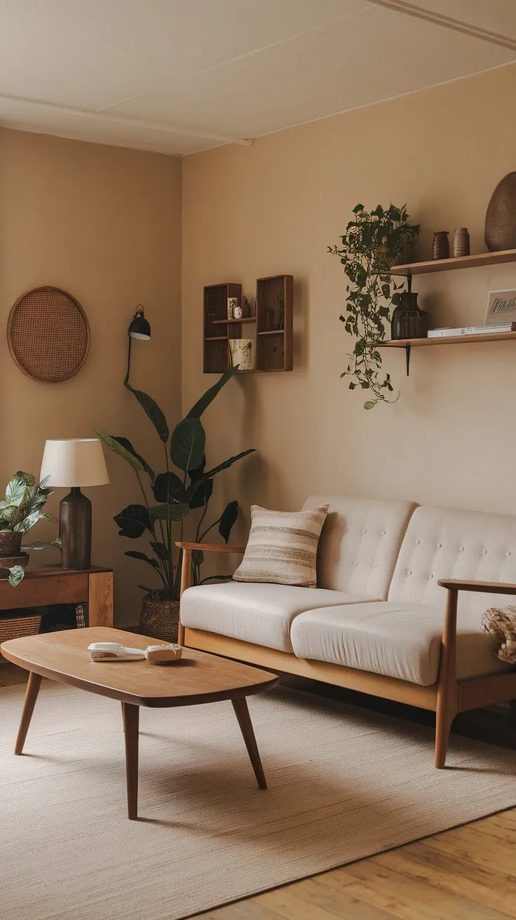 This cozy earthy living room, with its quiet minimal style and cottagecore aesthetic, offers perfect apartment decor inspiration for achieving dreamy apartment vibes.