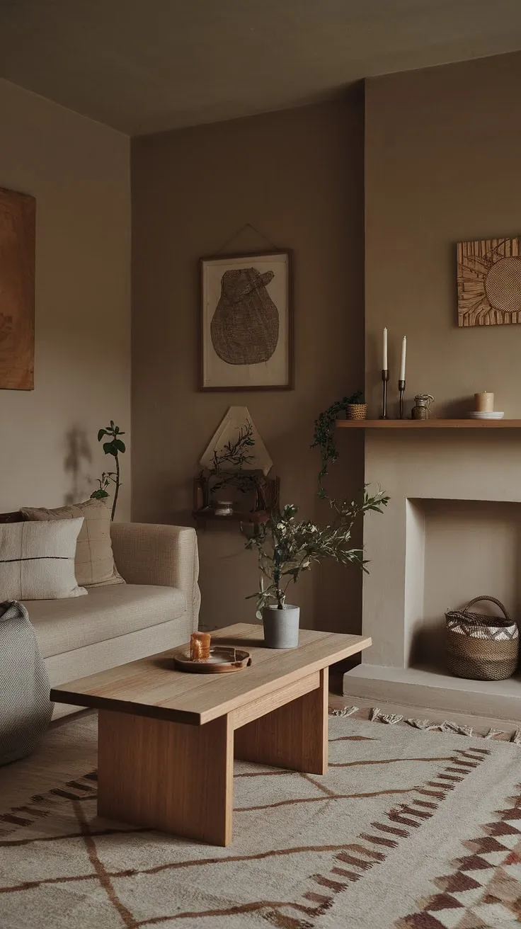 This cozy living room, with its earthy tones and cottagecore aesthetic, offers perfect apartment decor inspiration for achieving a quiet minimal vibe that enhances your dream apartment decor.