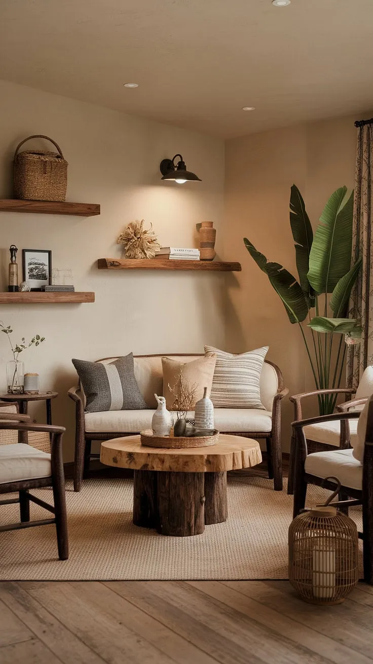 This cozy living room, with its earthy tones and cottagecore design, offers perfect apartment decor inspiration for achieving a quiet minimal aesthetic that enhances your dream apartment vibes.