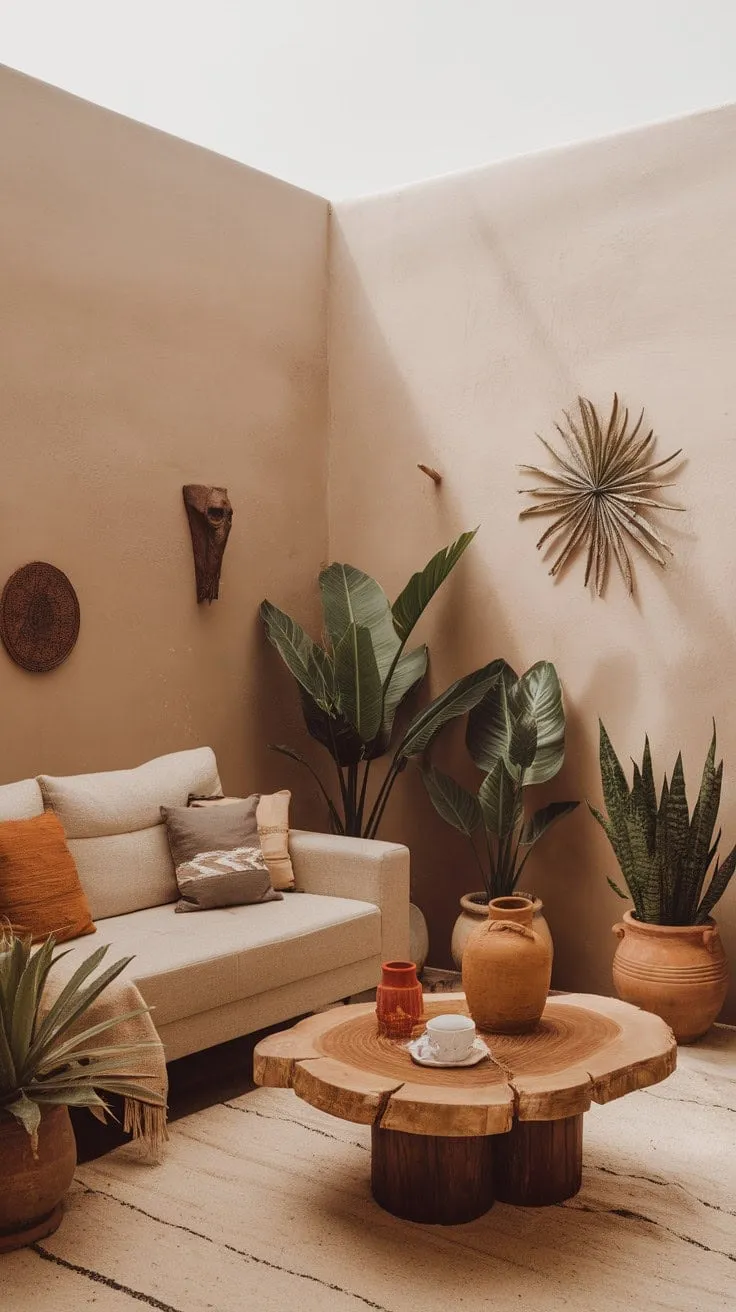 This desert-inspired living room harmoniously blends sun-drenched serenity with understated elegance, creating an inviting sanctuary of comfort and style.