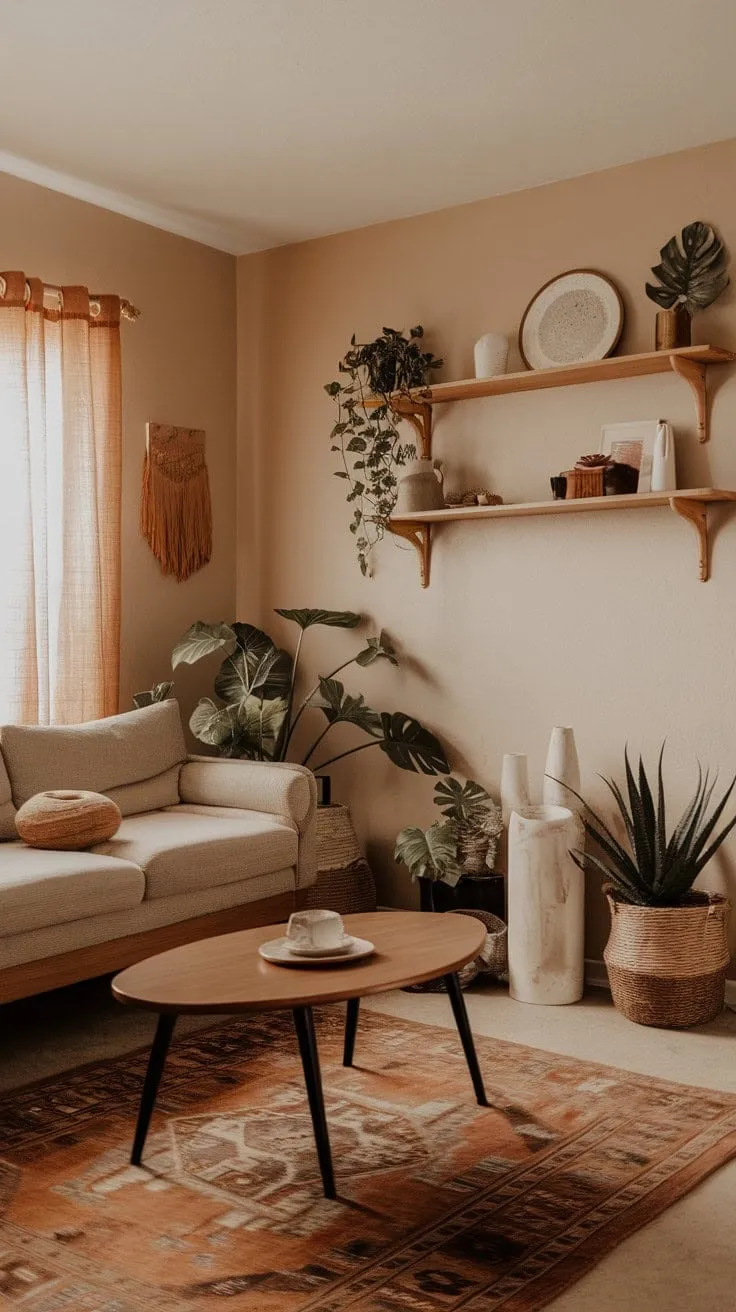 This small living room blends earthy modernism with natural textures and curated vintage finds, creating a tranquil sanctuary for mindful living.