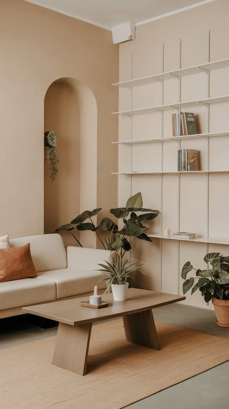 Bathed in sunlight, this serene living room blends warm earthy tones with mindful decor, creating an elegant sanctuary for relaxation and reconnection.