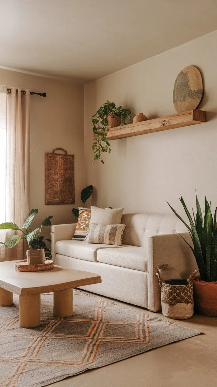 This minimalist desert retreat harmoniously blends modern elegance with rustic charm, offering a serene sanctuary bathed in sunlight and tranquility.