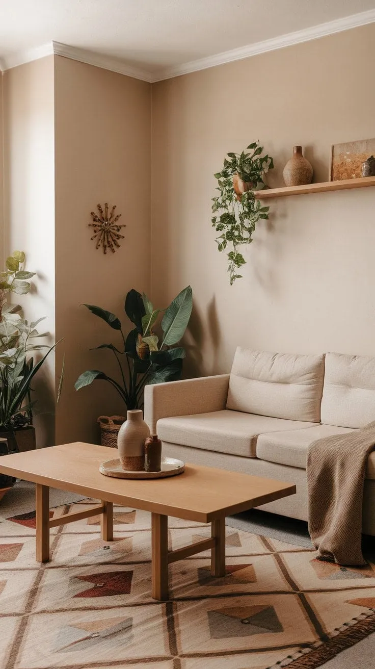 Bathed in sunlight, this earthy modern living room harmoniously blends cozy textures and minimalist design, creating a serene oasis perfect for relaxation.