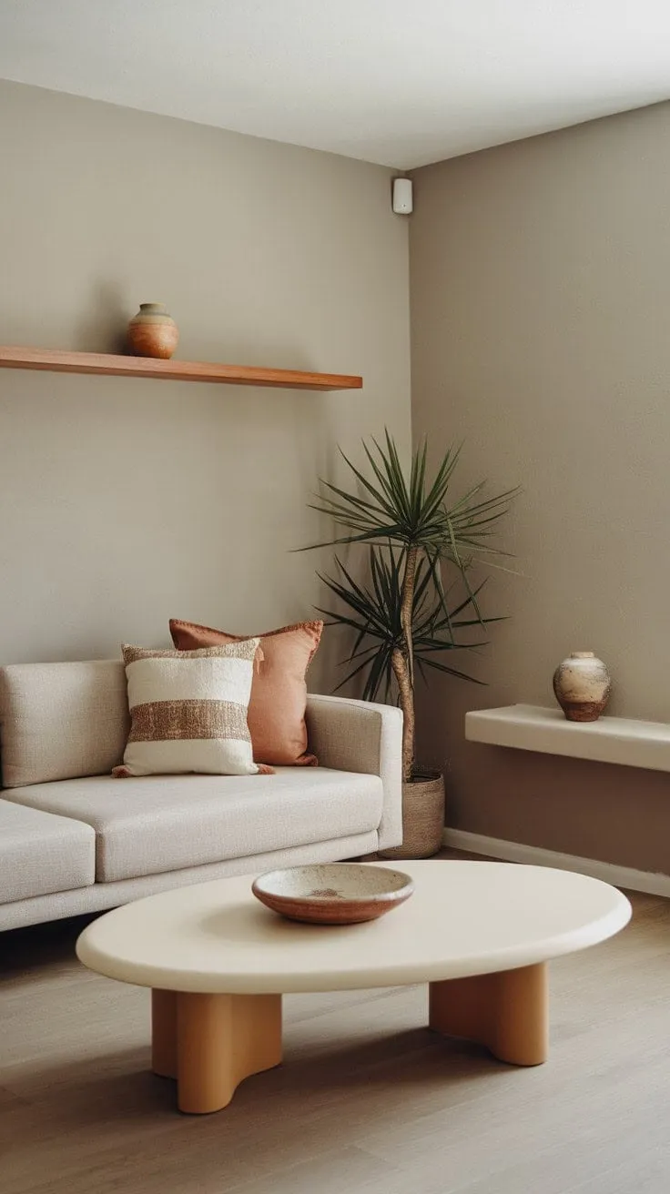 This desert-inspired living room exudes sun-drenched serenity with its calming beige palette and chic, earthy accents, creating an inviting sanctuary of understated elegance.