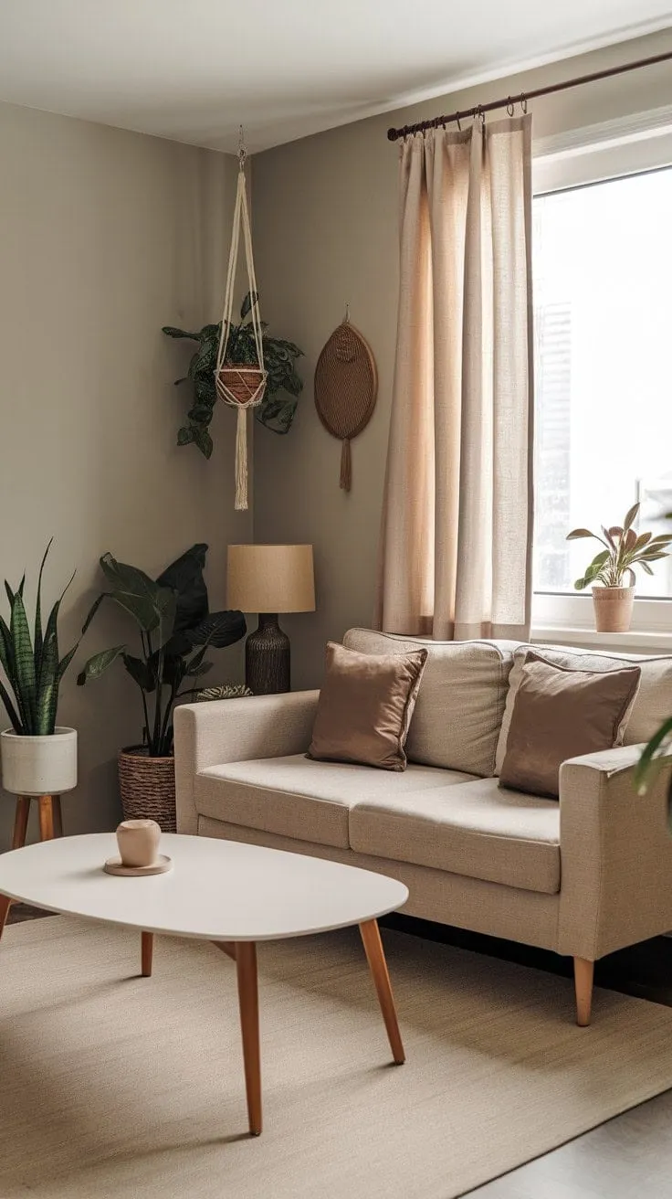 This minimalist living room, adorned with cozy earth tones and lush greenery, offers a serene sanctuary for relaxation through its refined and calming aesthetic.