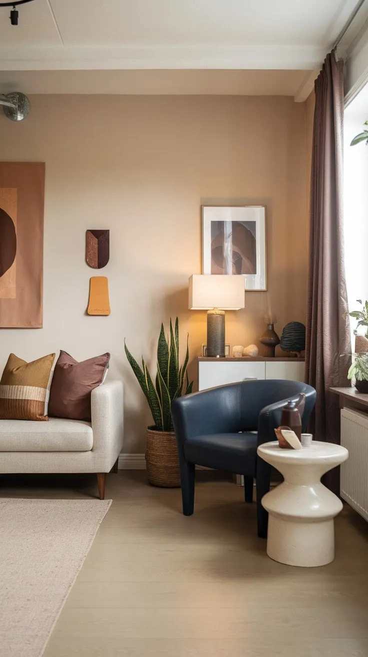 This living room beautifully balances earthy tones and natural materials, creating an inviting yet sophisticated sanctuary enhanced by thoughtfully selected accessories and a hint of greenery.