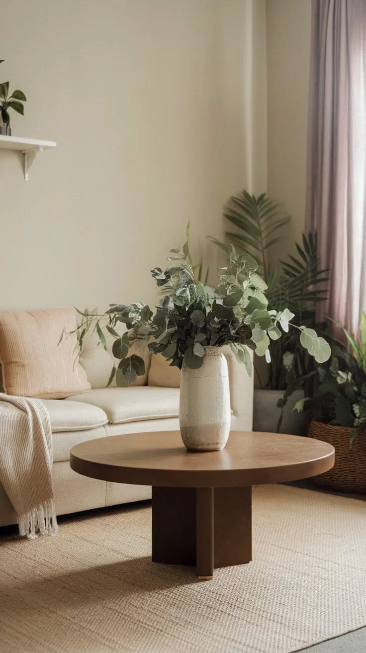 This cozy, sunlit living room, adorned in a serene neutral palette with vibrant green accents, epitomizes the charm of modern simplicity and tranquility.