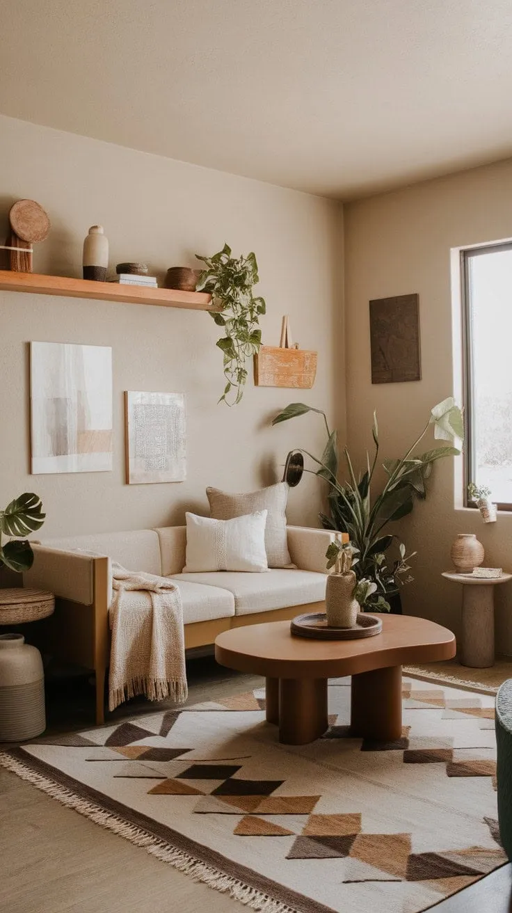This earthy modern living room, bathed in sunlight and adorned with desert-inspired accents, exudes a serene elegance that invites tranquility and effortless style.