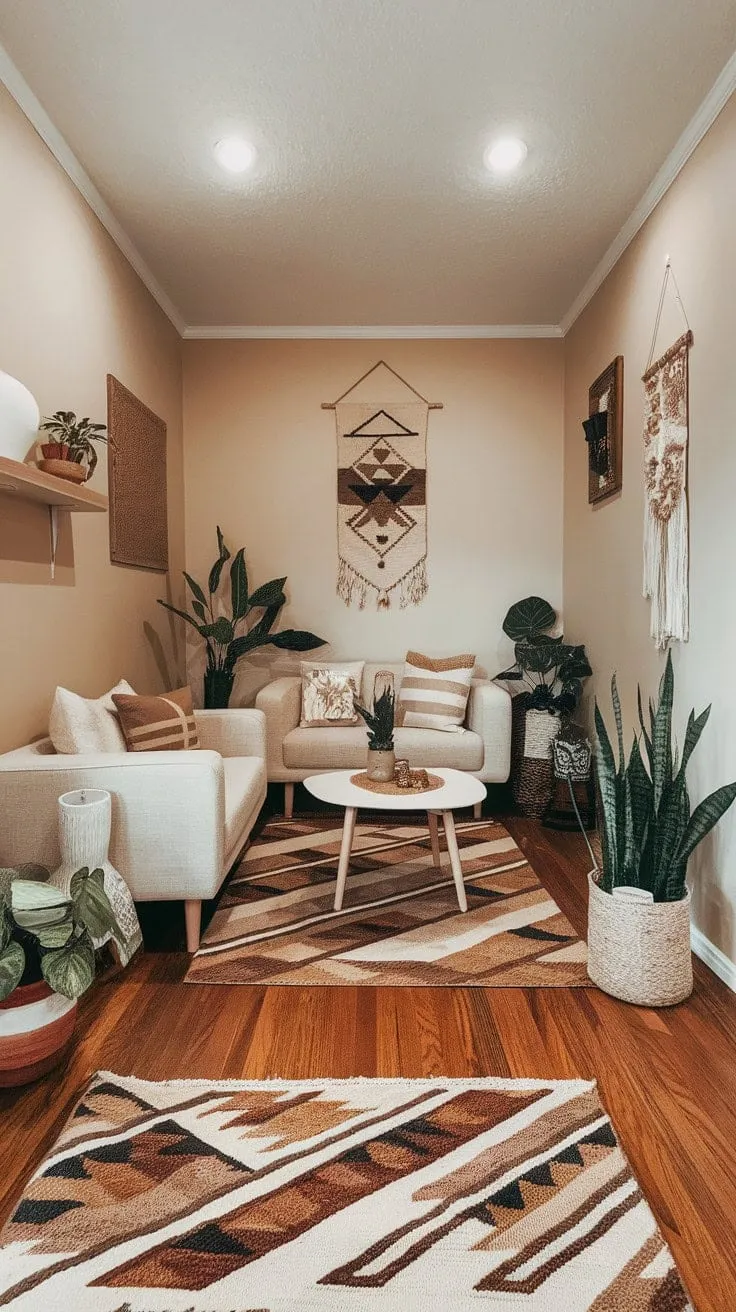 Bathed in sunlight, this airy living room seamlessly combines earthy modern decor with natural textures, creating an inviting and effortlessly chic retreat.