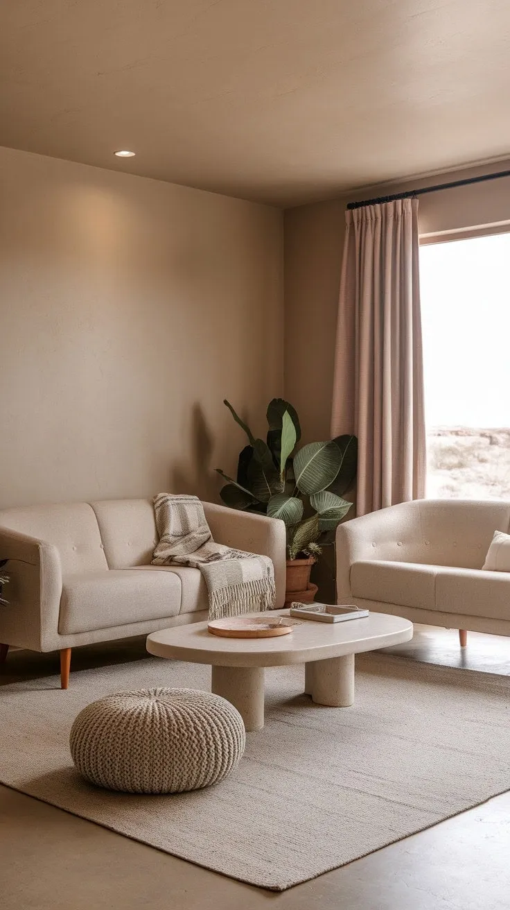 Bathed in sunlight, this minimalist desert-inspired living room exudes serene simplicity with its calming earth tones and thoughtfully curated decor, making it a perfect sanctuary for relaxation.