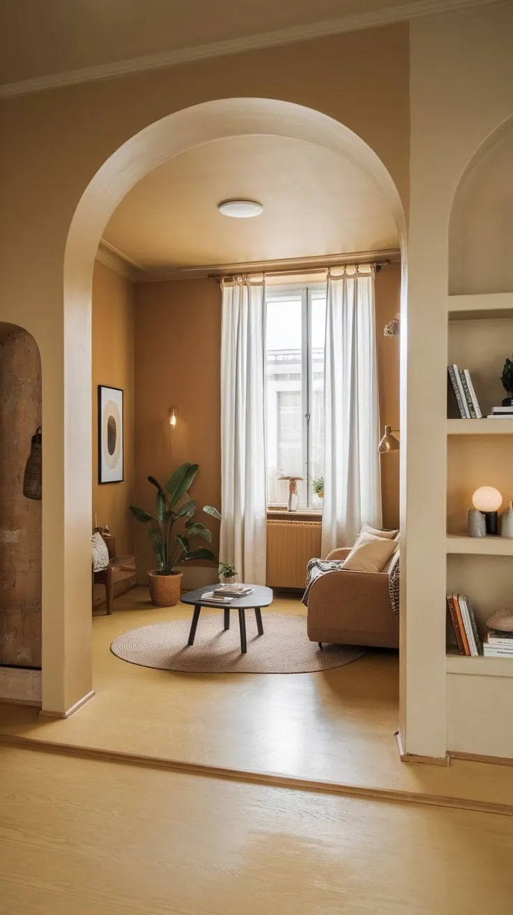 Bathed in sunlight and adorned with earthy tones and lush greenery, this modern living room offers a serene sanctuary for relaxation.