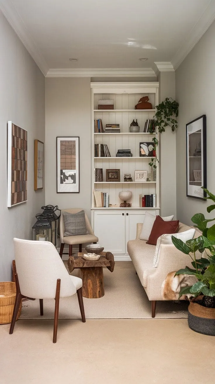 This small living room harmoniously blends cozy earth tones and natural light with a curated collection of books and art, creating a warm and inviting sanctuary that balances modern design with comforting familiarity.