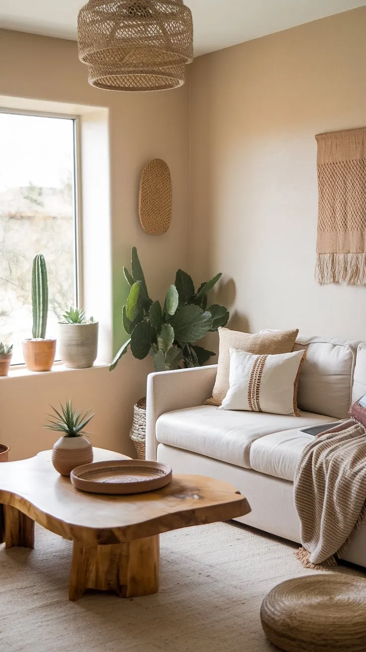 With its light beige walls and earthy decor elements like a wooden coffee table and cacti, this small living room offers fresh first home decor ideas and living room inspiration.
