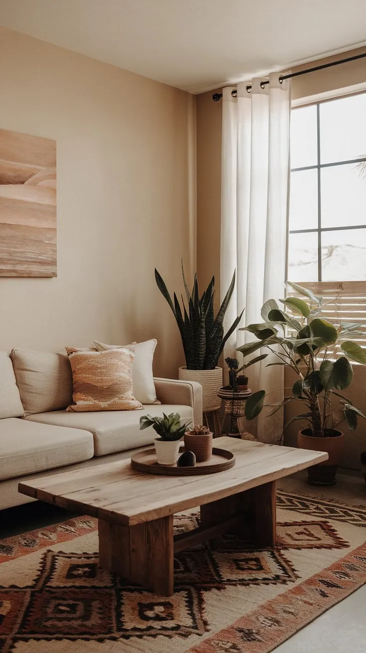 With its desert aesthetic and earth tones, this cozy space offers inspiring small living room ideas and earthy decor for a stylish apartment.