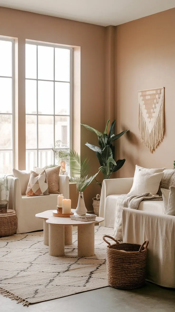 Featuring a soft beige palette and natural light, this space embodies earthy decor and a desert aesthetic, ideal for creating a cozy atmosphere in an apartment.