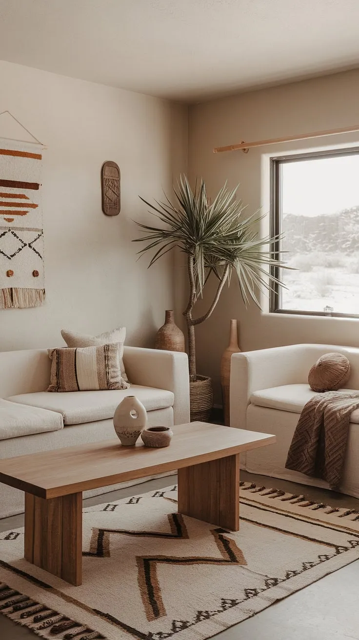 With its earth tones and light-colored walls, this small living room inspires apartment decor through a blend of earthy modern living room ideas and a cozy desert aesthetic.