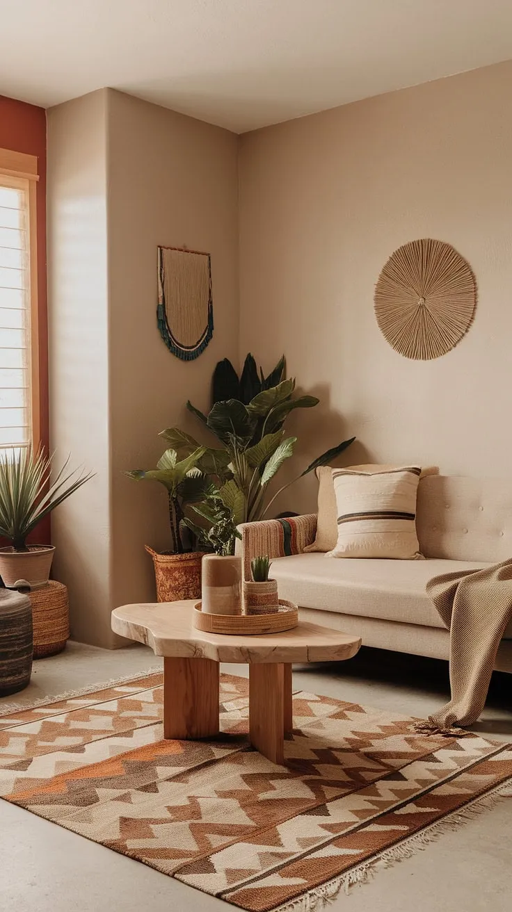 With its beige sofa, geometric rug, and soft lighting, this earthy decor inspires first home decor ideas for a cozy and inviting space.