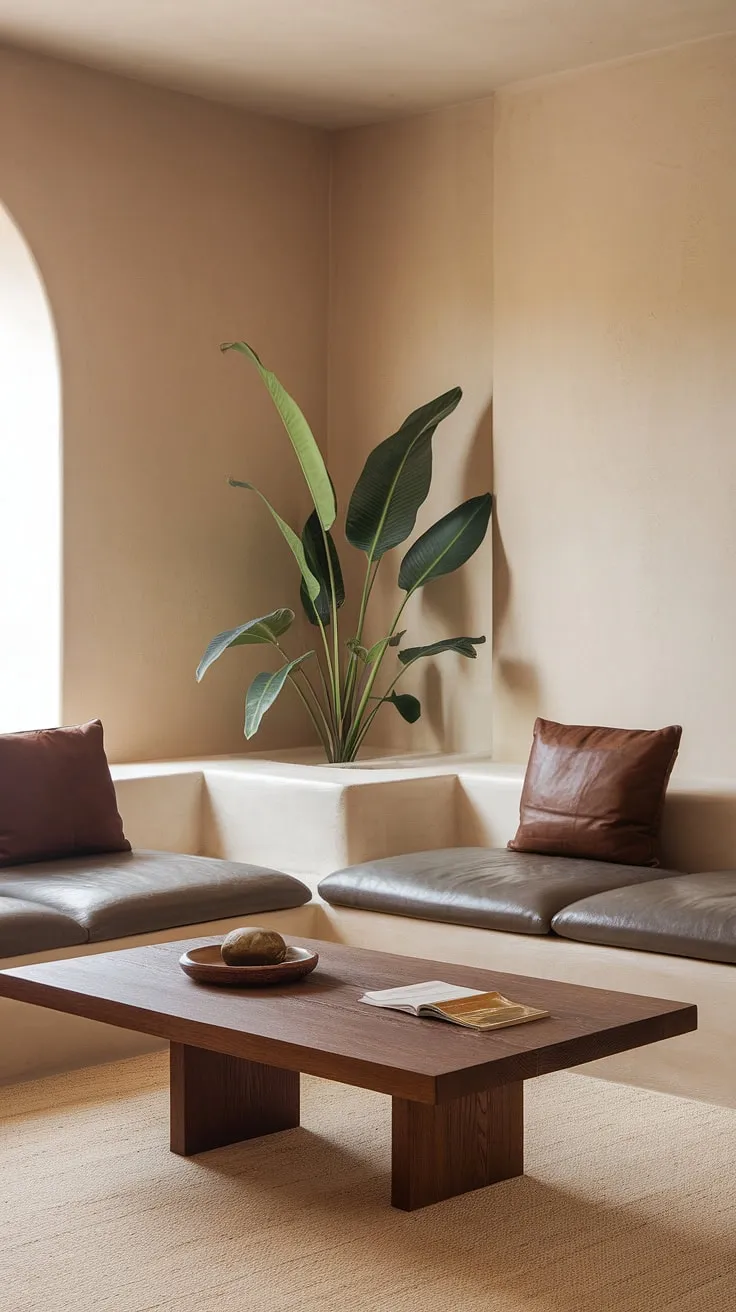 With its light beige walls and earthy decor elements, this small living room inspires first home decor ideas that blend desert aesthetic and color schemes for a cozy atmosphere.