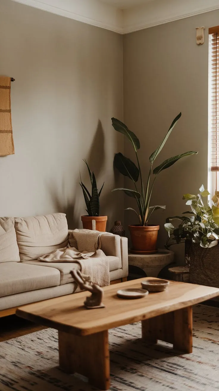 This small living room showcases earthy modern decor with light colors and earth tones, featuring a beige sofa, potted plants, and warm lighting for inspiring apartment decorating ideas.