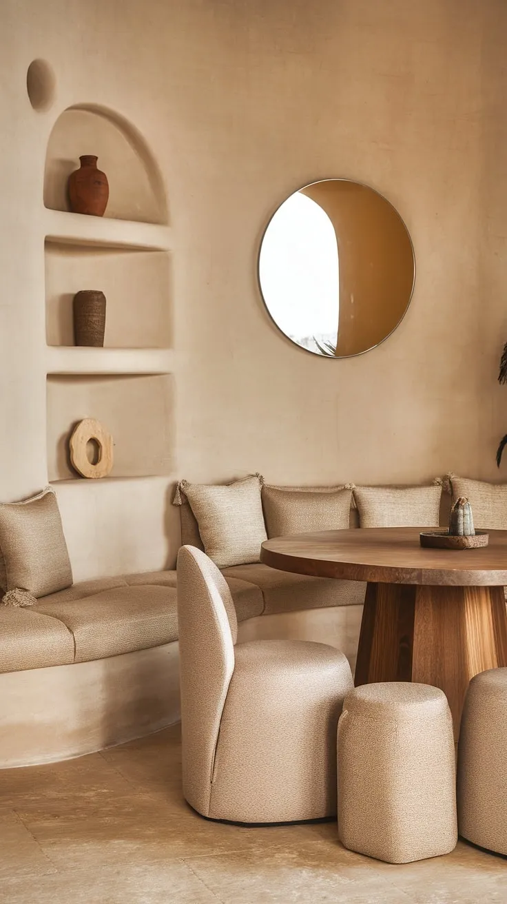 With its desert aesthetic and earthy tones, this cozy living room inspires small living room ideas that blend light colors and stylish apartment decor.