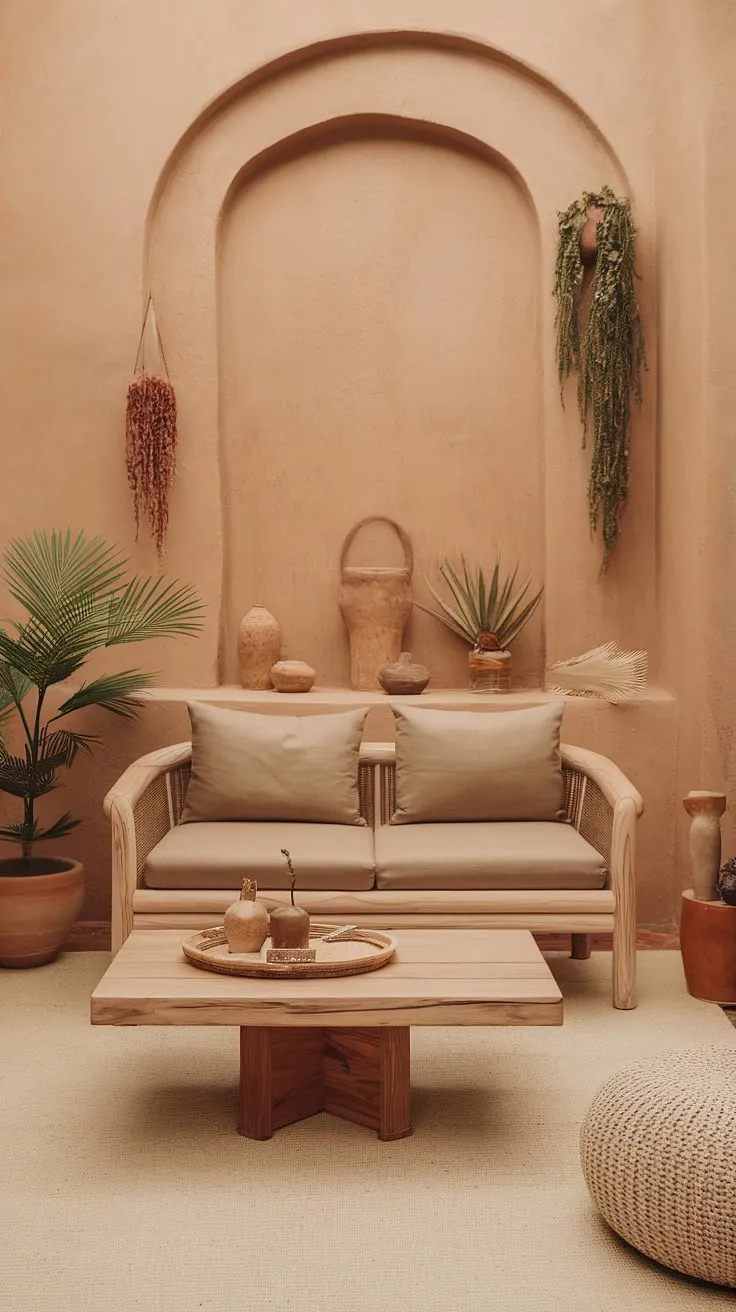 This earthy modern living room showcases small living room ideas with light colors and earth tones, perfect for apartment decorating and first home decor inspiration.