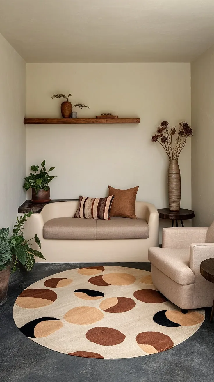With its light beige walls, earthy decor elements, and a desert aesthetic, this small living room inspires stylish apartment decor through thoughtful color schemes and cozy accents.