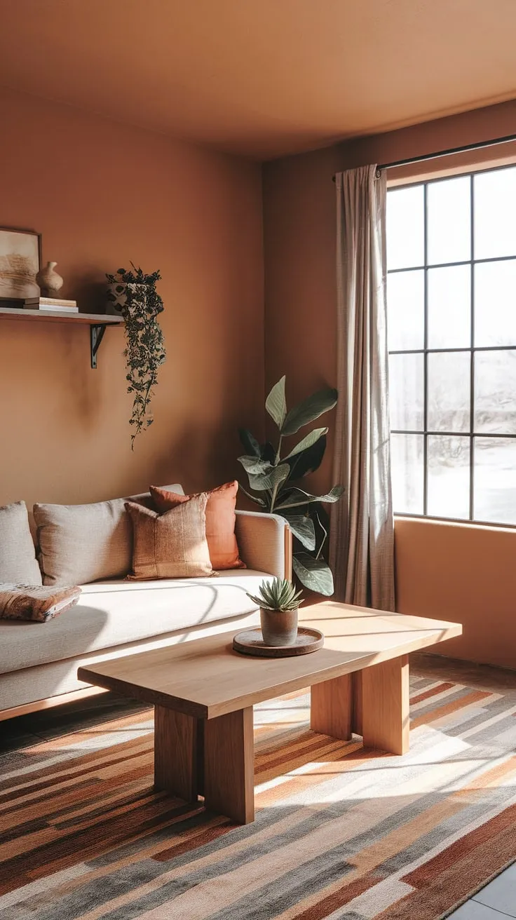 With its muted orange walls and natural light, this earthy decor in a small living room highlights color schemes that blend comfort and style, ideal for apartment decor enthusiasts.