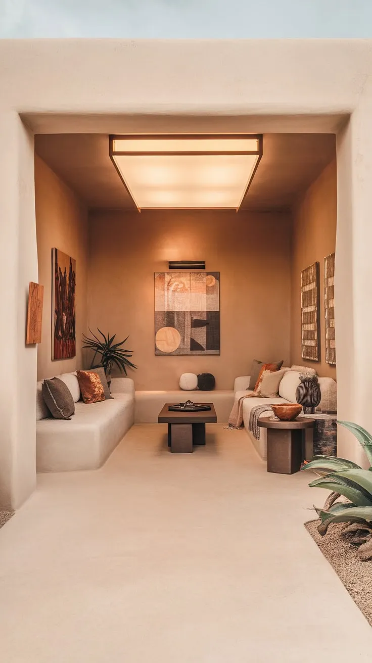 Featuring a desert aesthetic, this cozy space combines earthy decor and color schemes to create a stylish living room with a small footprint.