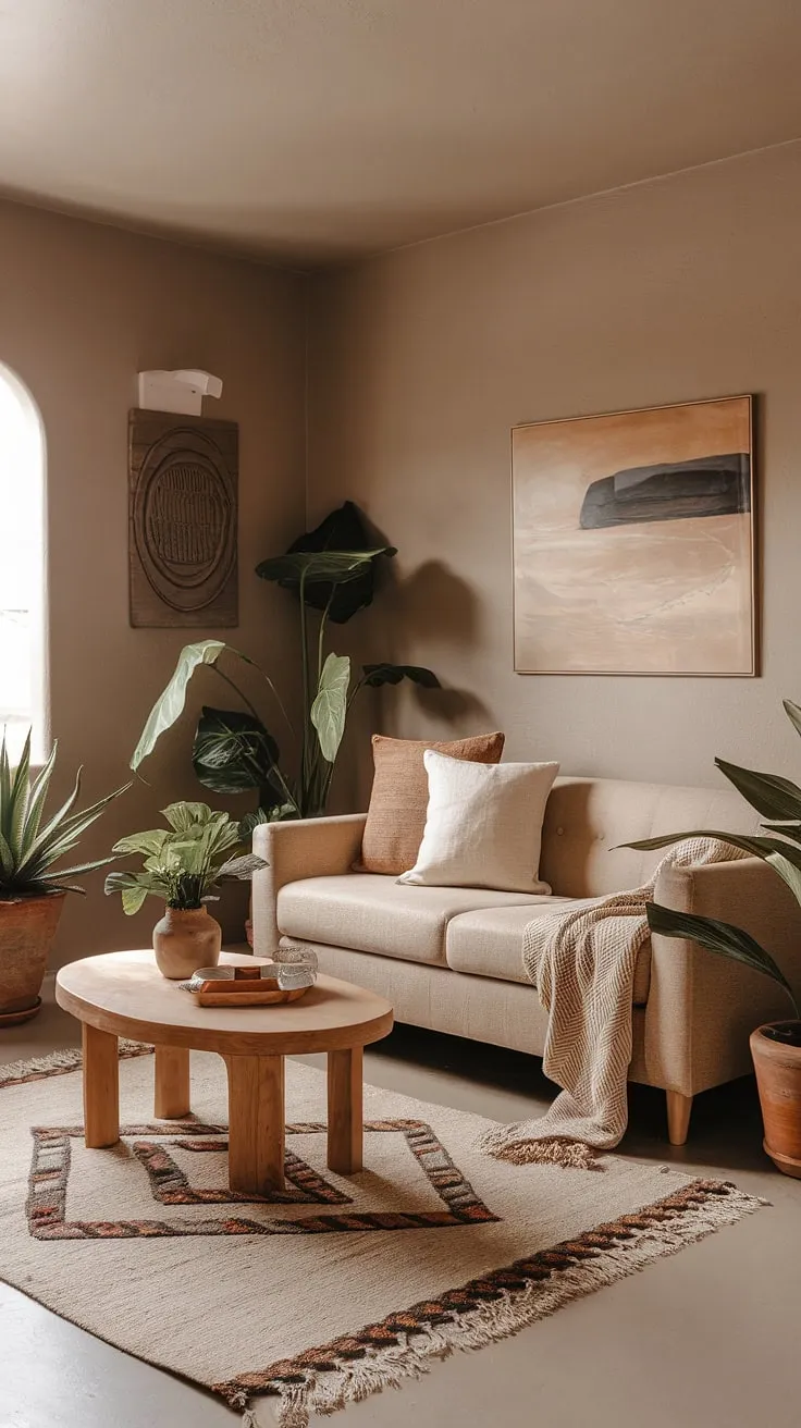 With its desert aesthetic and harmonious color schemes, this earthy decor inspires small living room ideas that elevate apartment decor.