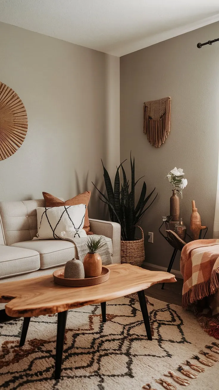 With its light gray walls and soft lighting, this earthy modern living room offers small living room ideas that beautifully blend earth tone decor and a desert aesthetic for first home decor inspiration.
