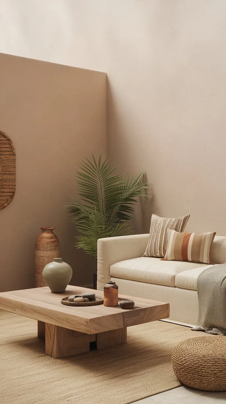 This small living room showcases earthy modern decor with light colors and earth tones, featuring a beige sofa, wooden coffee table, and desert aesthetic elements for inspiring apartment decorating ideas.