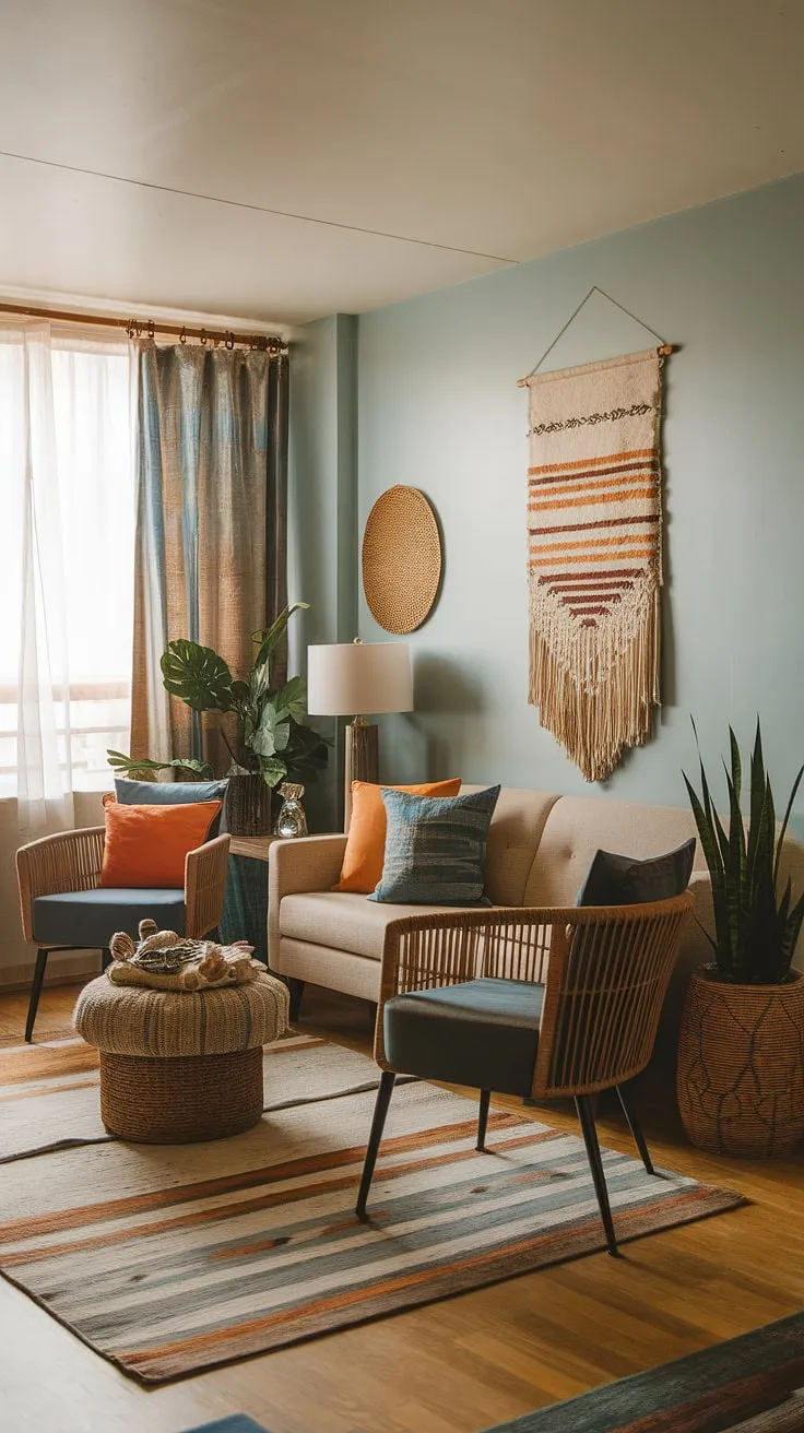 With its light blue walls and wooden floors, this earthy modern living room offers stylish small living room ideas that blend desert aesthetic and first home decor inspiration.
