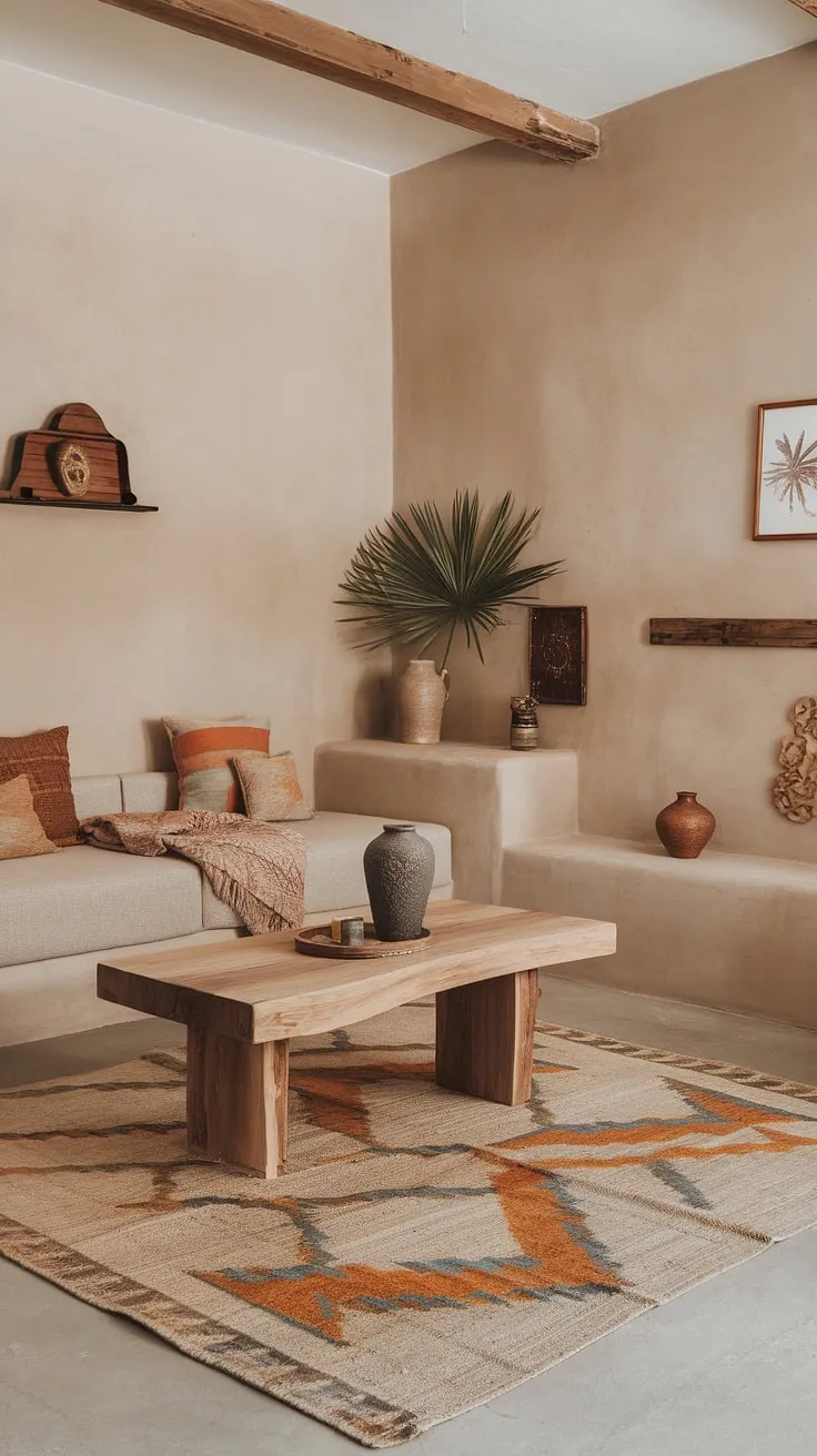 This small living room showcases earthy modern decor with light colors and earth tones, perfect for apartment decorating and first home decor ideas, featuring a beige sofa, geometric rug, and a desert aesthetic.