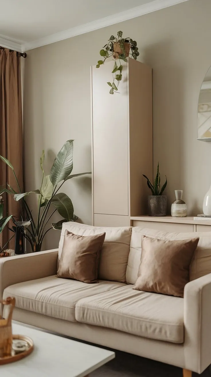 Featuring a beige sofa and soft lighting, this space offers living room inspiration with a desert aesthetic and stylish color schemes.