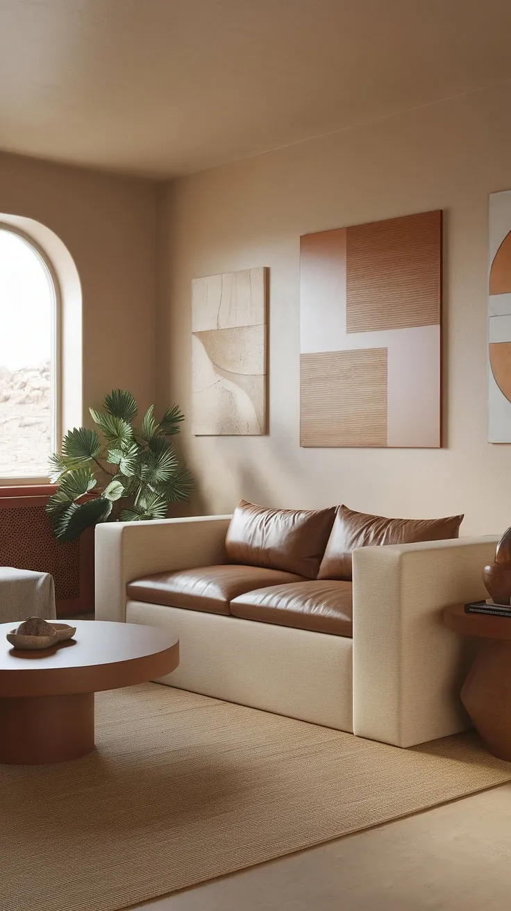 This earthy modern living room showcases small apartment decorating ideas with light colors and earth tones, creating a desert aesthetic perfect for first home decor inspiration.