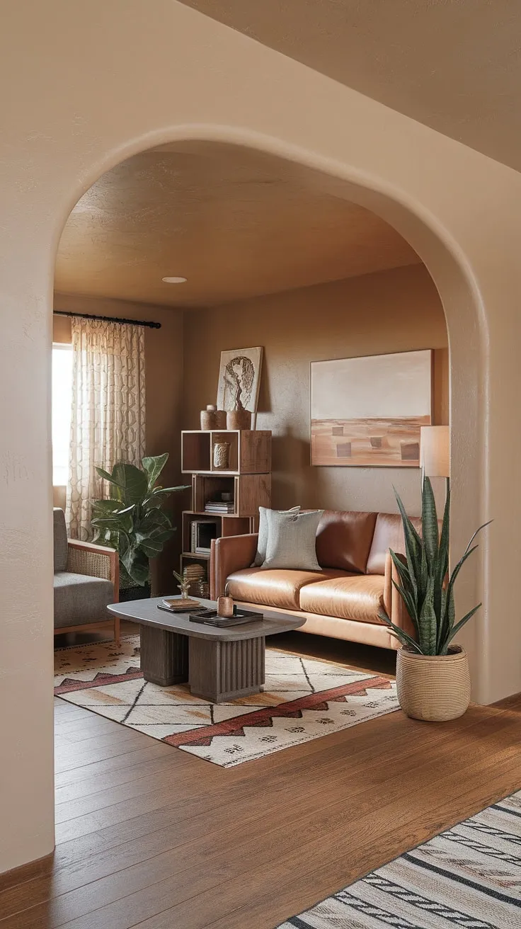 This earthy modern living room showcases light colors and earth tones, perfect for small living room ideas and apartment decorating with a desert aesthetic.