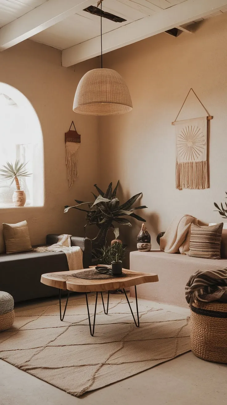This small earthy modern living room features light colors and earth tones, perfect for apartment decorating with a desert aesthetic and inspiring first home decor ideas.
