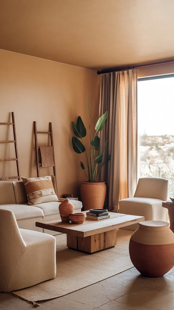 With its warm beige walls, potted plants, and earthy decor elements, this small living room embodies a stylish desert aesthetic perfect for first home decor ideas.
