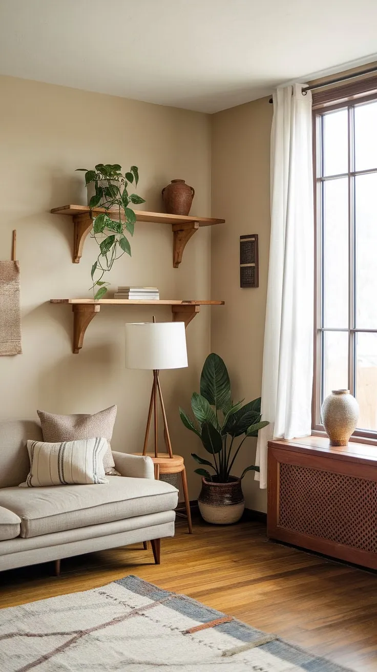 This small living room showcases earthy modern decor with light colors and earth tones, featuring a beige sofa, wooden shelves, and inviting accents that inspire apartment decorating ideas.