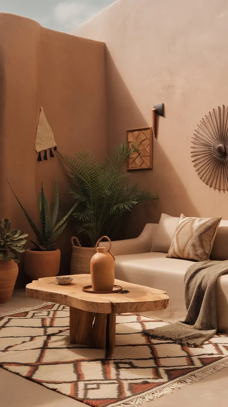 With its beige walls, geometric rug, and wooden accents, this earthy modern living room offers inspiring small living room ideas that beautifully blend light colors and earth tones for first home decor.