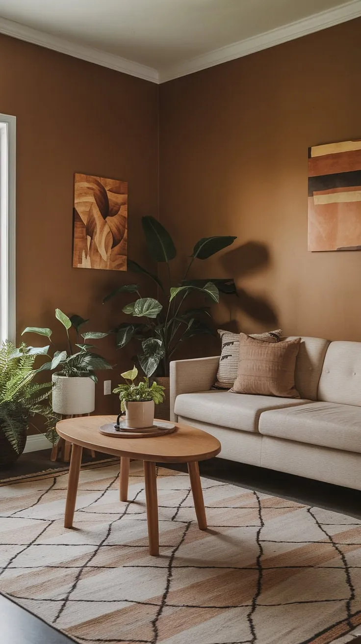 This small living room showcases earthy modern decor with light colors and earth tones, featuring a beige sofa, potted plants, and a geometric rug, perfect for apartment decorating and first home decor ideas.