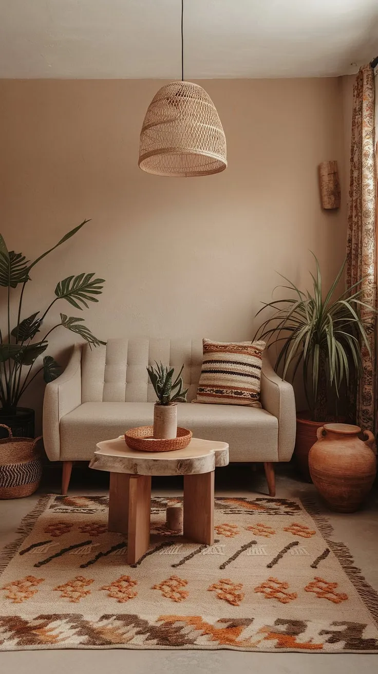 This small living room showcases earthy modern decor with light colors and earth tones, featuring a beige sofa, potted plants, and a desert aesthetic rug, perfect for apartment decorating inspiration.