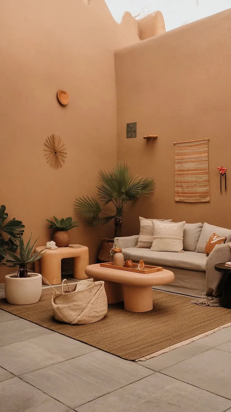 This small living room showcases earthy modern decor with light colors and earth tones, perfect for apartment decorating and inspiring first home decor ideas with a desert aesthetic.