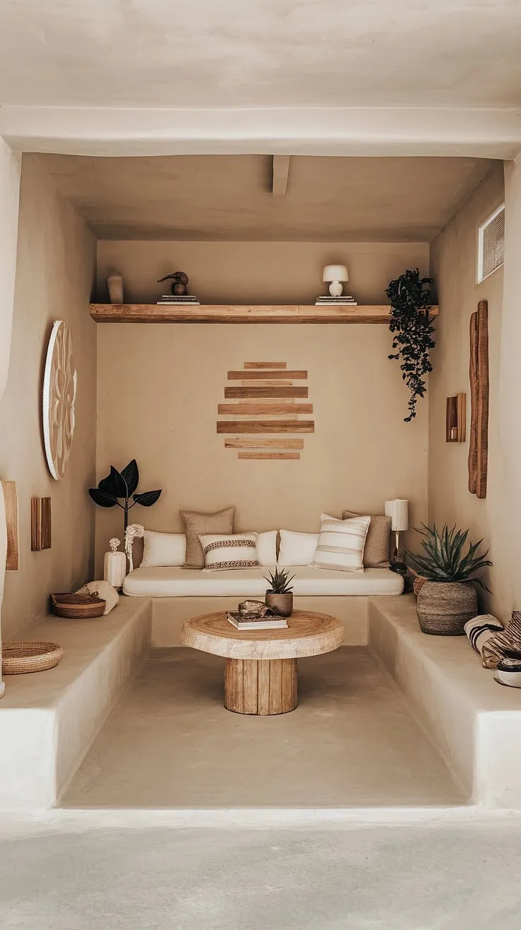 This earthy modern living room, featuring light colors and earth tones, offers small living room ideas perfect for apartment decorating with a desert aesthetic.